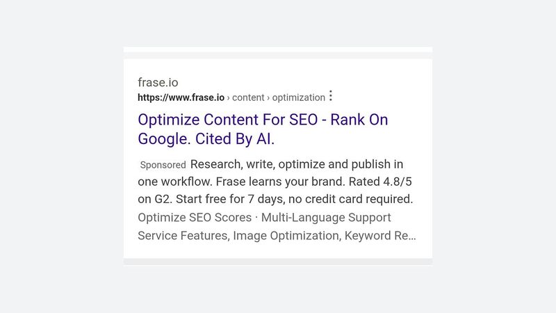 A Bing search snippet for Frase.io featuring the title “Optimize Content For SEO - Rank On Google. Cited By AI” and a summary of content marketing features on an HTTPS site.