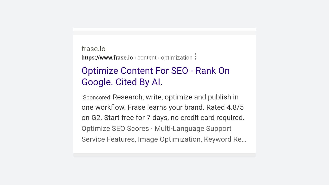 A Bing search snippet for Frase.io featuring the title “Optimize Content For SEO - Rank On Google. Cited By AI” and a summary of content marketing features on an HTTPS site.