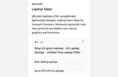 Sponsored advertisement for LG gram laptops featuring a summary of their lightweight design and a promotional offer for up to 20% off.