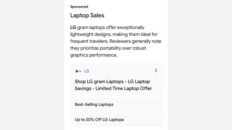 Sponsored advertisement for LG gram laptops featuring a summary of their lightweight design and a promotional offer for up to 20% off.