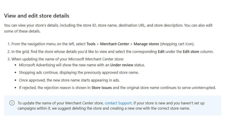 Screenshot showing Microsoft Merchant Center documentation explaining how to view and edit store details, including the process for updating store names and their effect on shopping ads status.