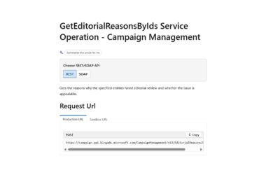 Screenshot of the GetEditorialReasonsByIds Service Operation documentation page showing REST and SOAP API options for the Campaign Management service with a POST request URL to the Microsoft Ads API endpoint.