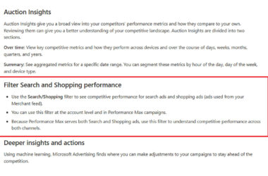 Screenshot of Microsoft Advertising Auction Insights documentation showing the Search and Shopping performance filter feature for competitive analysis across search and shopping ads.