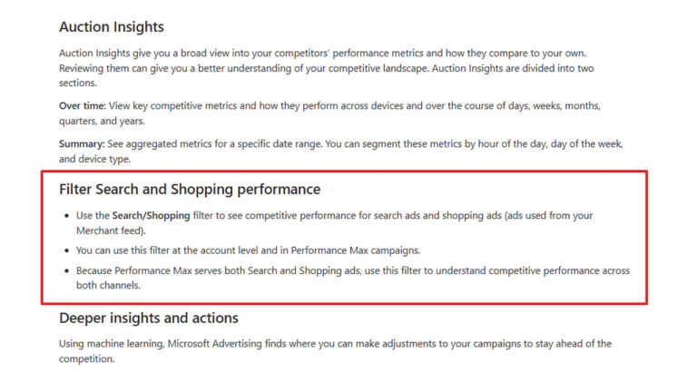 Screenshot of Microsoft Advertising Auction Insights documentation showing the Search and Shopping performance filter feature for competitive analysis across search and shopping ads.
