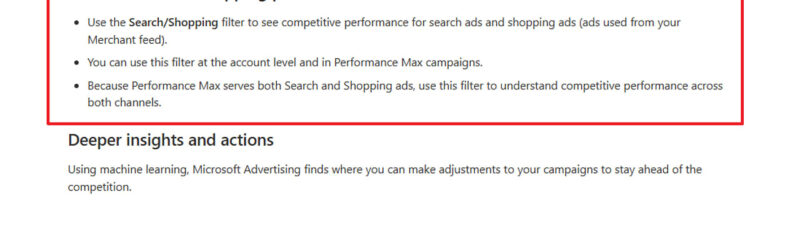 Screenshot of Microsoft Advertising Auction Insights documentation showing the Search and Shopping performance filter feature for competitive analysis across search and shopping ads.