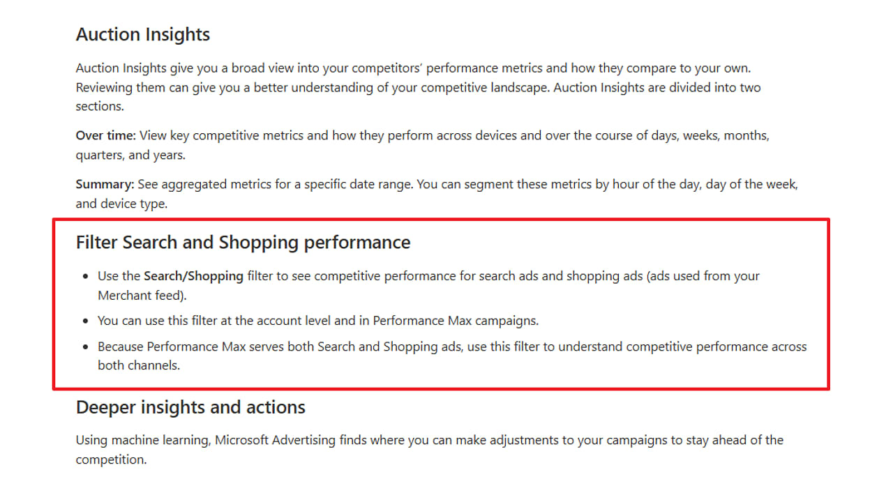 Screenshot of Microsoft Advertising Auction Insights documentation showing the Search and Shopping performance filter feature for competitive analysis across search and shopping ads.