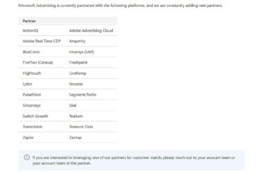 Table showing Microsoft Advertising's current Customer Data Platform partners including ActionIQ, Adobe Advertising Cloud, Adobe Real Time CDP, Amperity, BlueConic, Emarsys, FiveTran, Freshpaint, Hightouch, LiveRamp, Lytics, Neustar, PulsePoint, Segment/Twilio, Simprosys, Skai, Switch Growth, Tealium, TransUnion,