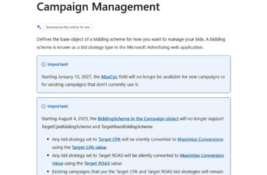 Screenshot of Microsoft Advertising Campaign Management documentation showing important notices about MaxCpc field deprecation and BiddingScheme changes scheduled for 2025 and 2027