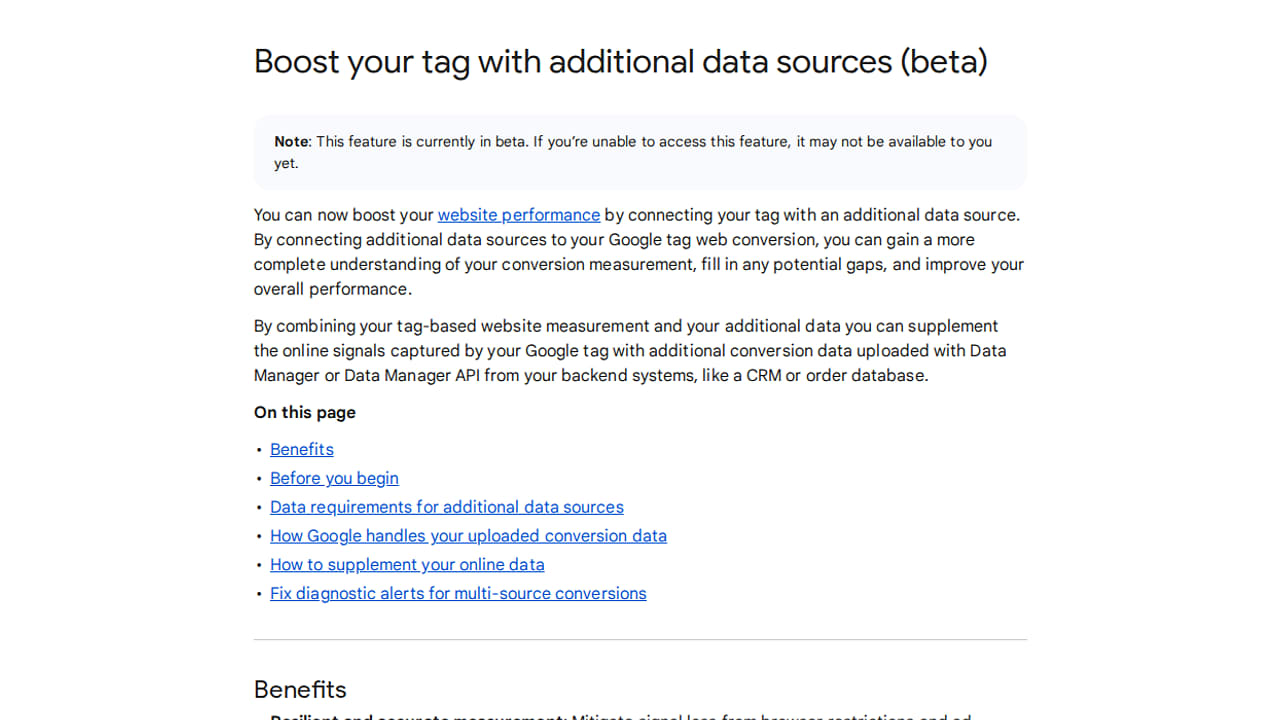 Screenshot of a webpage titled “Boost your tag with additional data sources (beta),” detailing how to enhance website performance by connecting tags with extra data sources. Includes section links and a Benefits section.