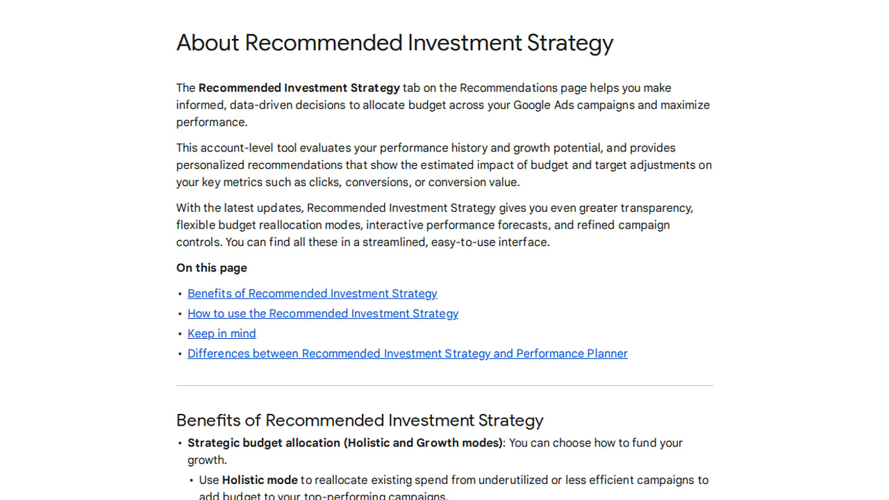 Screenshot of a Google Ads support page titled “About Recommended Investment Strategy,” explaining its features and benefits, with bulleted links and details about strategic budget allocation.