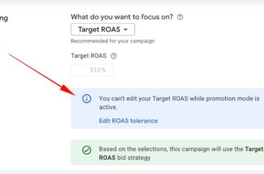 Screenshot of a bidding settings screen with a warning: “You can’t edit your Target ROAS while promotion mode is active,” and a note that Target ROAS bid strategy will be used.
