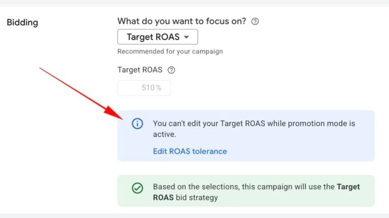 Screenshot of a bidding settings screen with a warning: “You can’t edit your Target ROAS while promotion mode is active,” and a note that Target ROAS bid strategy will be used.