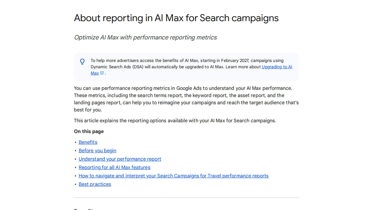 Screenshot of a Google Ads help page titled “About reporting in AI Max for Search campaigns,” describing how to use performance metrics in AI Max, with links to related articles and sections listed.