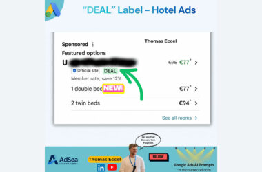 Screenshot of a hotel ad showing a highlighted “DEAL” label, discounted rates, and an arrow pointing to the deal. Includes “NEW!” sign and Thomas Eccel’s photo at the bottom with promotional banners.