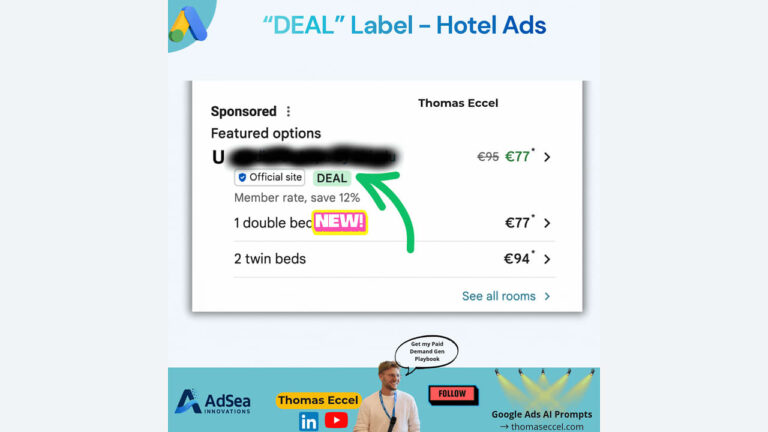 Screenshot of a hotel ad showing a highlighted “DEAL” label, discounted rates, and an arrow pointing to the deal. Includes “NEW!” sign and Thomas Eccel’s photo at the bottom with promotional banners.