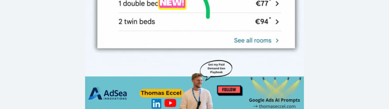Screenshot of a hotel ad showing a highlighted “DEAL” label, discounted rates, and an arrow pointing to the deal. Includes “NEW!” sign and Thomas Eccel’s photo at the bottom with promotional banners.