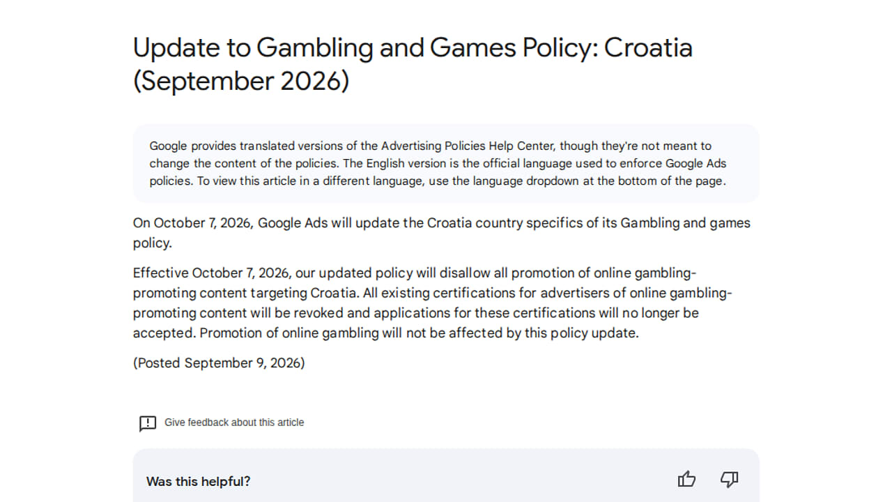 Update to Croatia’s Gambling Policy