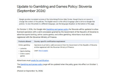 Update to Gambling and Games Policy for Slovenia