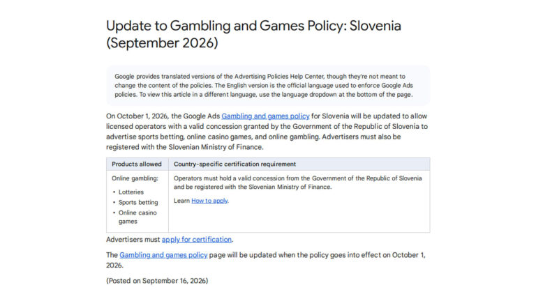 Update to Gambling and Games Policy for Slovenia