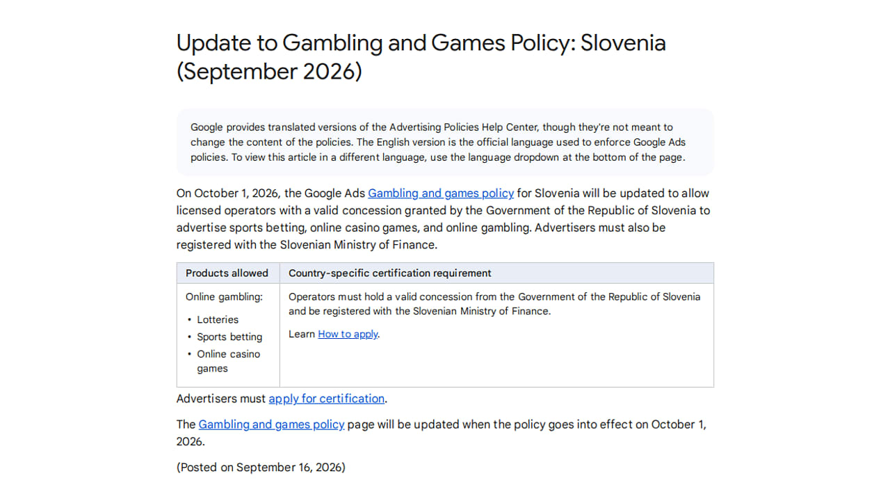 Update to Gambling and Games Policy for Slovenia