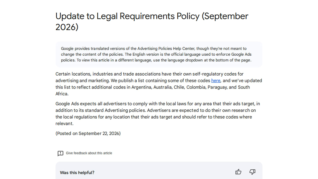 Screenshot of a Google Ads policy update, mentioning legal requirement changes for advertising in multiple countries, with information about self-regulatory codes and a notice about advertisers’ responsibilities.