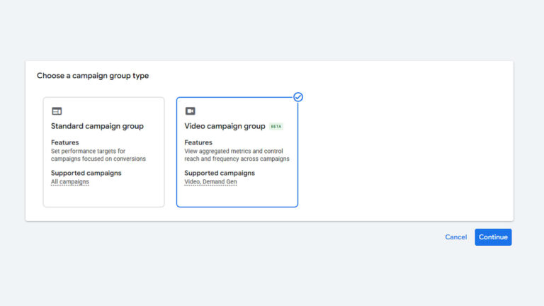 Screenshot showing Google Ads campaign group type selection interface with Video campaign group option highlighted and selected