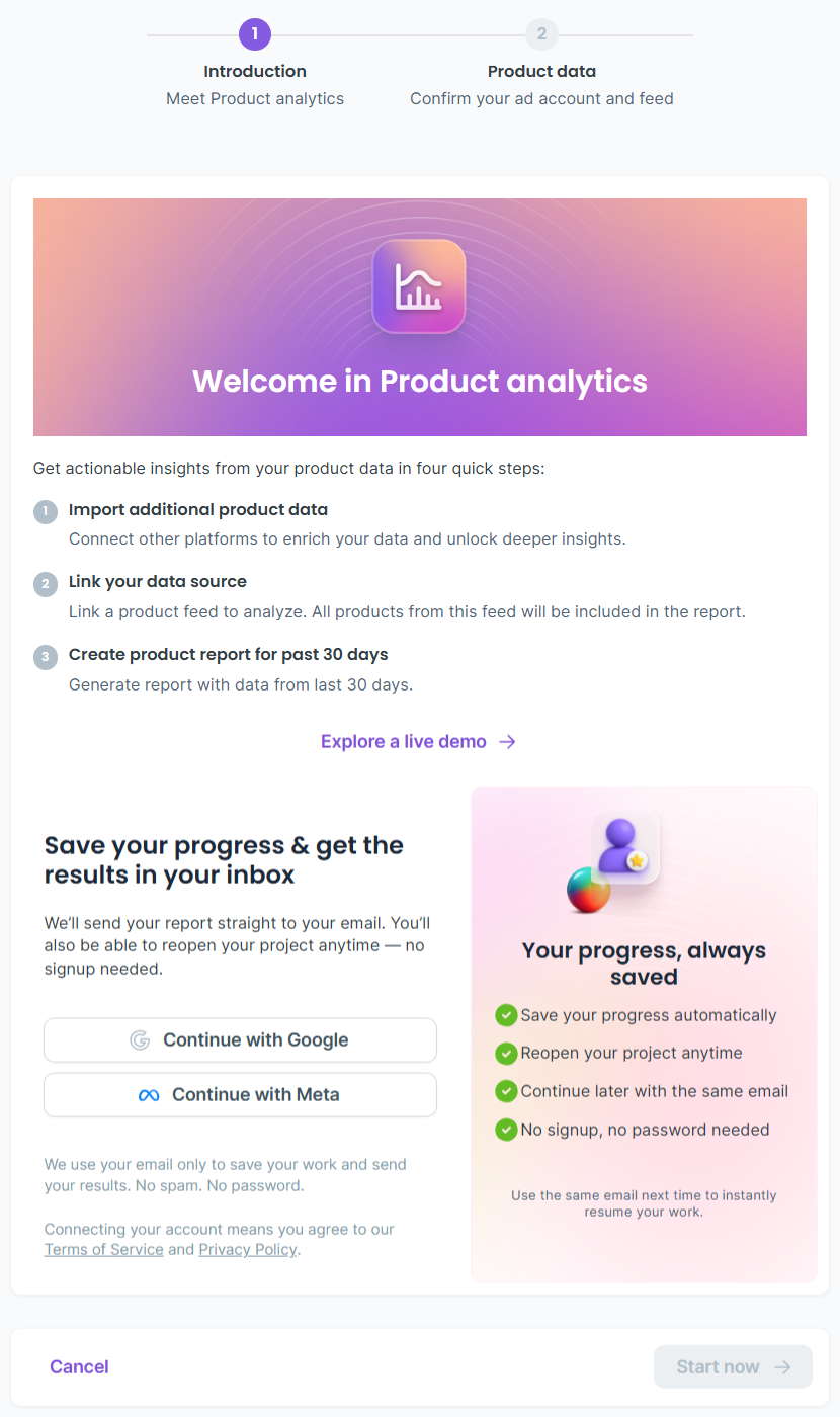 Product Analytics by Dotidot introduction step with Continue with Google and Continue with Meta sign-in buttons