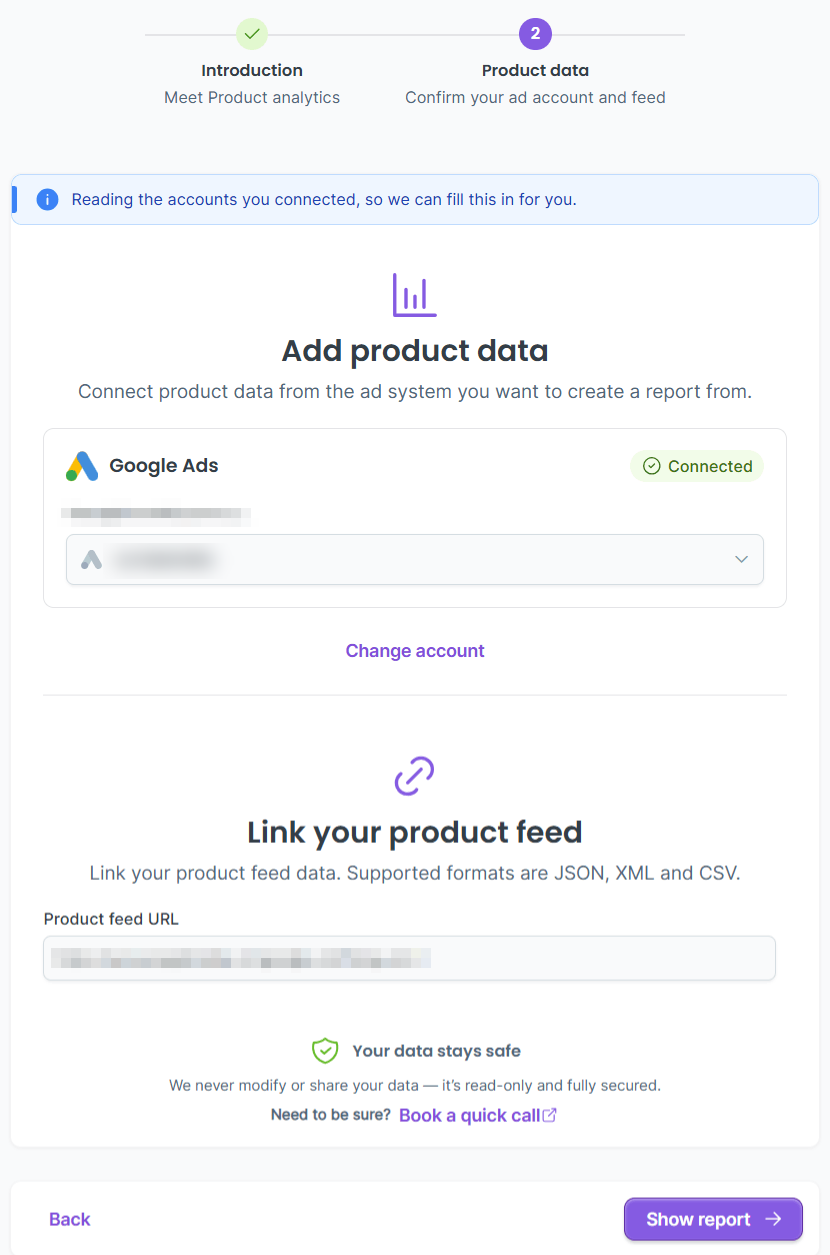 Product Analytics step confirming the pre-filled Google Ads account and product feed URL before showing the report