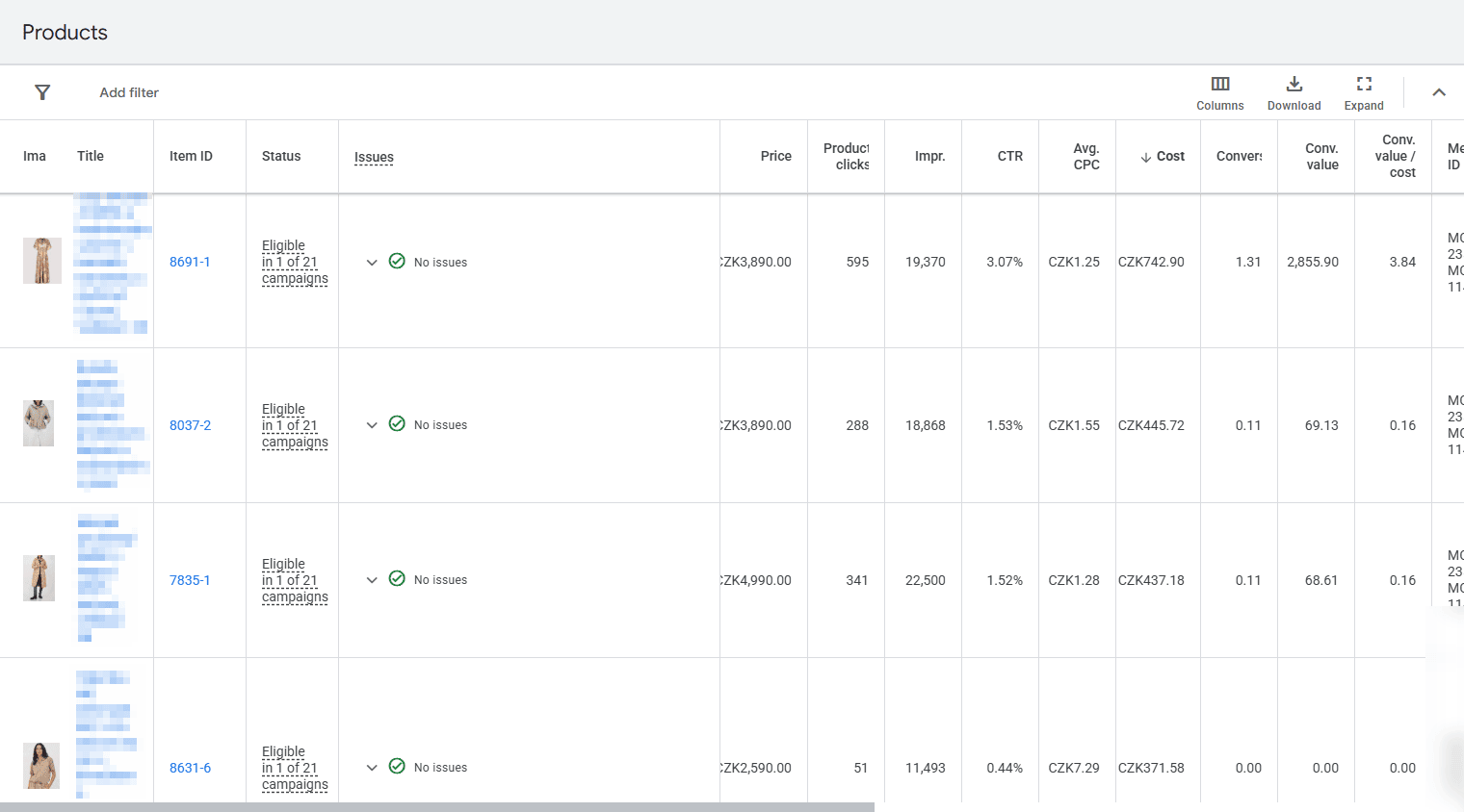 Google Ads Products tab sorted by cost, showing product clicks, impressions, CTR, avg. CPC, cost, conversions and conv. value / cost per product