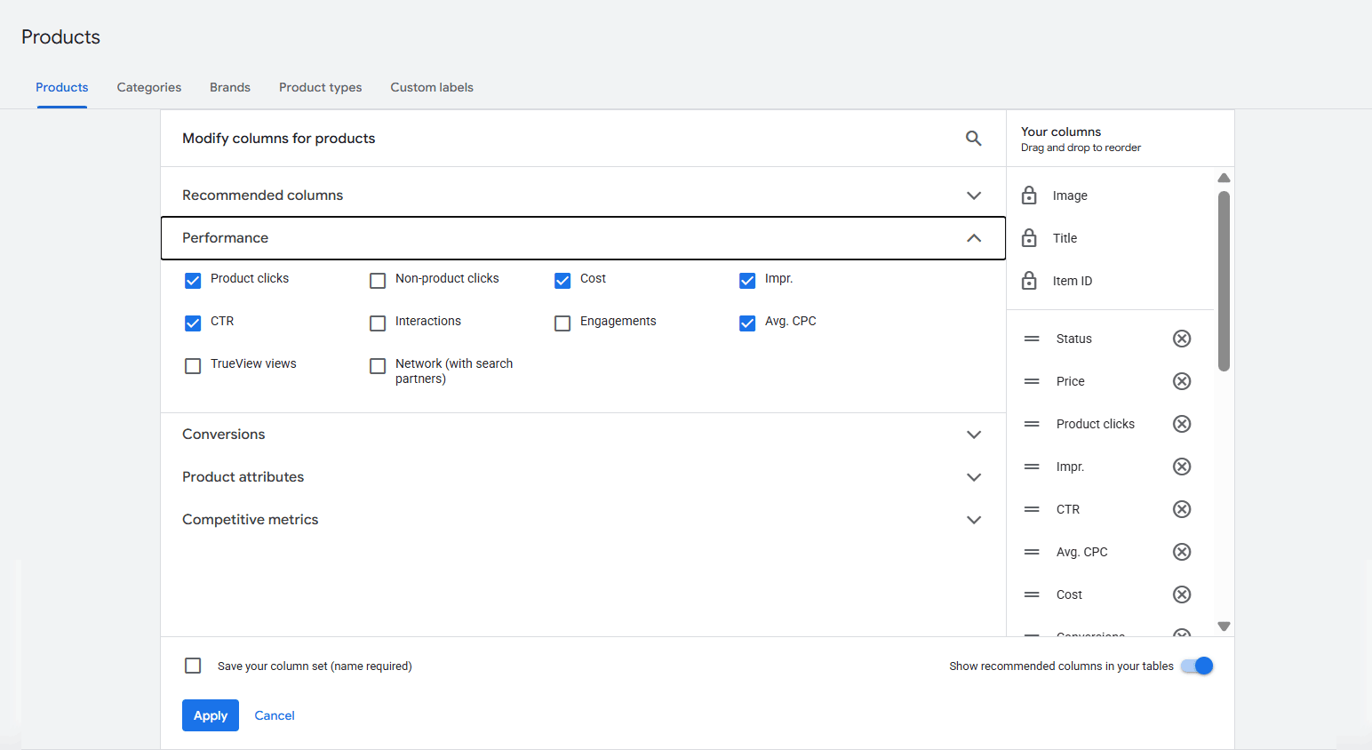 Google Ads column picker for the Products tab with the Performance section open and product clicks, cost, impressions, CTR and avg. CPC selected