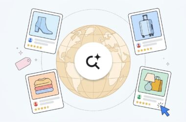 An illustration of a globe surrounded by four product cards featuring a boot, a suitcase, folded sweaters, and a lamp with a shopping bag, with a central star icon and a cursor clicking on one of the cards.