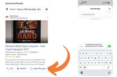 Screenshot showing Google search results with Rand Spear personal injury law firm ad and an Apple Messages conversation window with a phone number, demonstrating Apple Messages integration in Google Ads.