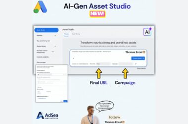 A screenshot of the AI-Gen Asset Studio interface, showing a central prompt box for URL and campaign inputs, with labels pointing to these fields and a sidebar navigation menu.