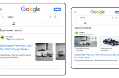 Side-by-side comparison of Google Search results on desktop and mobile showing sponsored Vorato Sedan ads with product images and pricing information from automotive model feeds