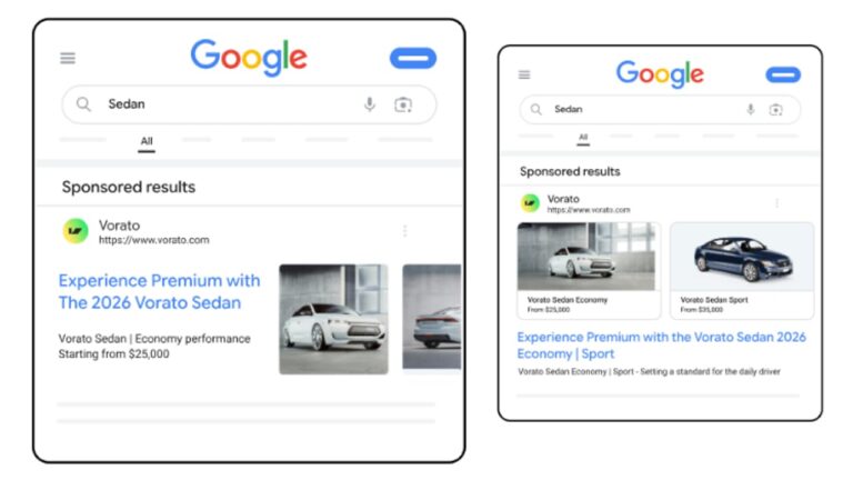 Side-by-side comparison of Google Search results on desktop and mobile showing sponsored Vorato Sedan ads with product images and pricing information from automotive model feeds