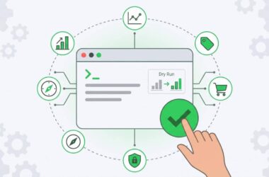 A hand clicking a green checkmark within a BDOS.ai software interface, surrounded by icons for data, pricing, shopping, security, and navigation.