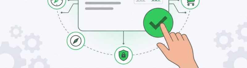A hand clicking a green checkmark within a BDOS.ai software interface, surrounded by icons for data, pricing, shopping, security, and navigation.