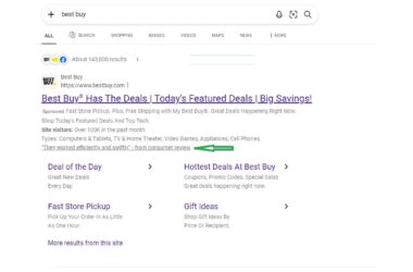 Screenshot of a Bing search results page for Best Buy showing a sponsored ad with a green highlighted consumer review extension stating They worked efficiently and swiftly below the main listing.