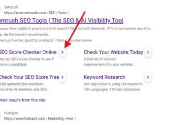 Screenshot of Google search results showing Semrush SEO Tools page with red arrow pointing to white arrow sitelink indicator in search listing