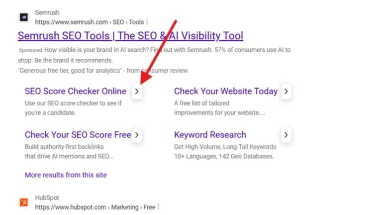 Screenshot of Google search results showing Semrush SEO Tools page with red arrow pointing to white arrow sitelink indicator in search listing