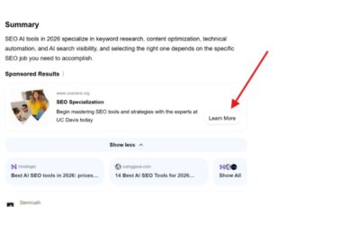 Screenshot of Bing search results showing SEO AI tools summary with sponsored results and a "Learn More" call-to-action button highlighted by a red arrow, demonstrating Bing's CTA button placement in search ads