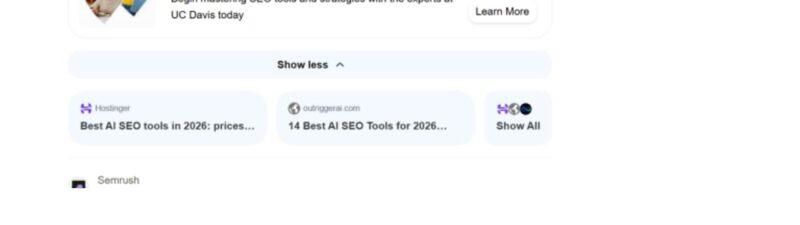 Screenshot of Bing search results showing SEO AI tools summary with sponsored results and a "Learn More" call-to-action button highlighted by a red arrow, demonstrating Bing's CTA button placement in search ads