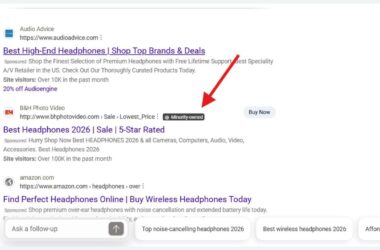 A red arrow points to a “Minority-owned” tag next to a B&H Photo Video search result.