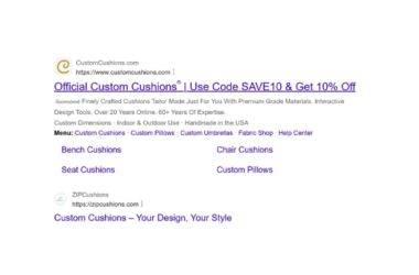 Screenshot of Bing search results showing custom cushion advertisements with menu links displayed below the main ad headline and description