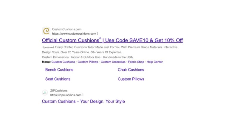 Screenshot of Bing search results showing custom cushion advertisements with menu links displayed below the main ad headline and description