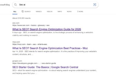 Bing search results page showing SEO-related articles with blue hyperlinks and website URLs displayed in search snippets