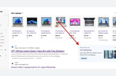 A search results page showing a list of laptop products and a sponsored HP Official Store advertisement with a red arrow pointing to it.
