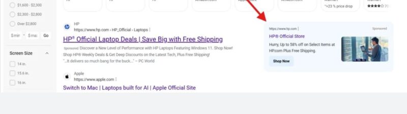 A search results page showing a list of laptop products and a sponsored HP Official Store advertisement with a red arrow pointing to it.