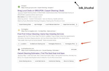 A search engine results page showing advertisements for carpet cleaning services from Groupon, Homeaglow, and LocalMaidQuotes, each with links to specific service categories.