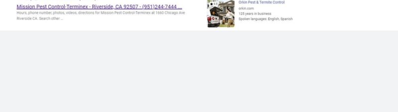 A search results page showing a list entry for Mission Pest Control-Terminex and a sponsored sidebar result for Orkin Pest & Termite Control.